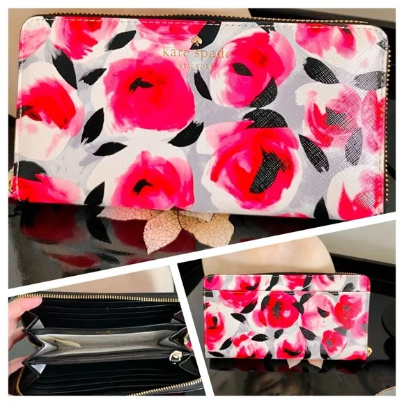 NWOT-Cedar Street Rosebud Print-Kate Spade Wallet - Red, Pink, Gray and Black - Picture 3 of 3